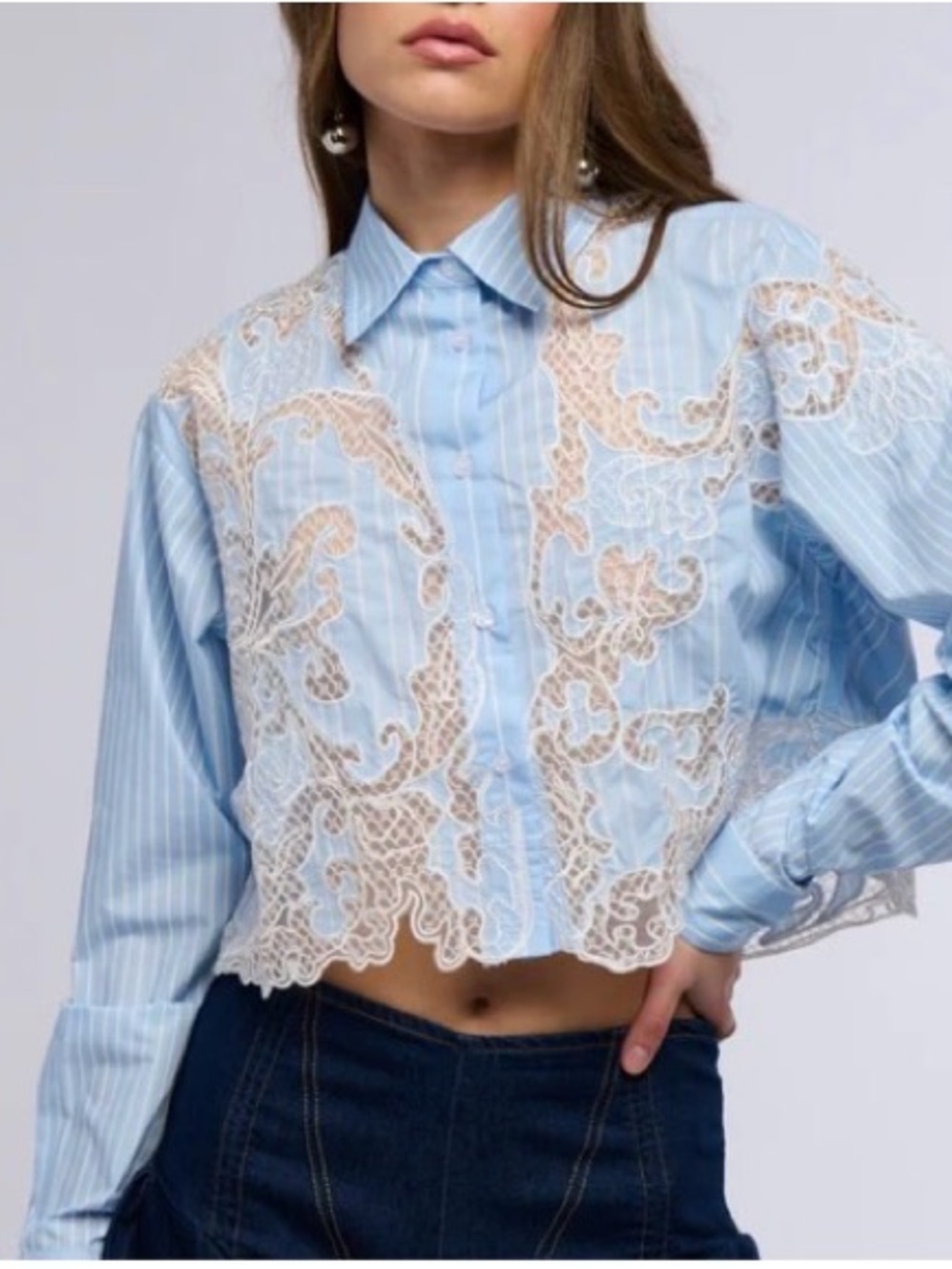 Blue Lace-Trim Cropped Shirt - Women Tops